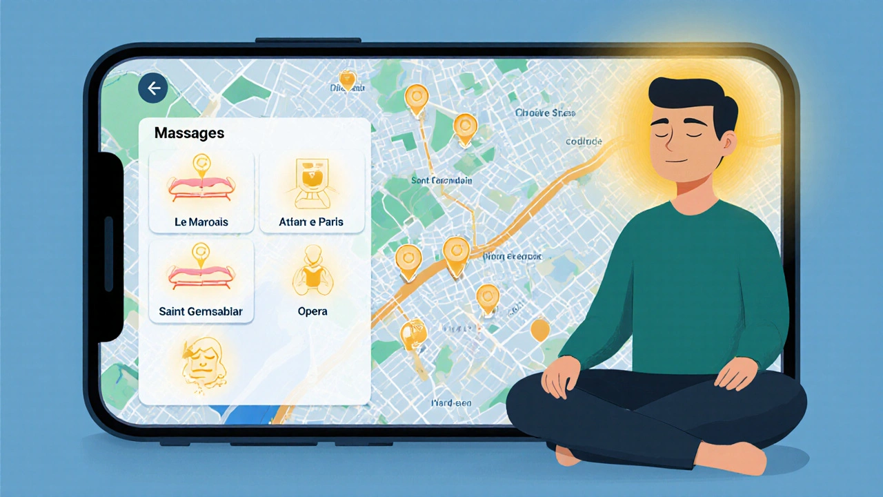 Application de réservation de massage sur smartphone avec carte de Paris en arrière‑plan.