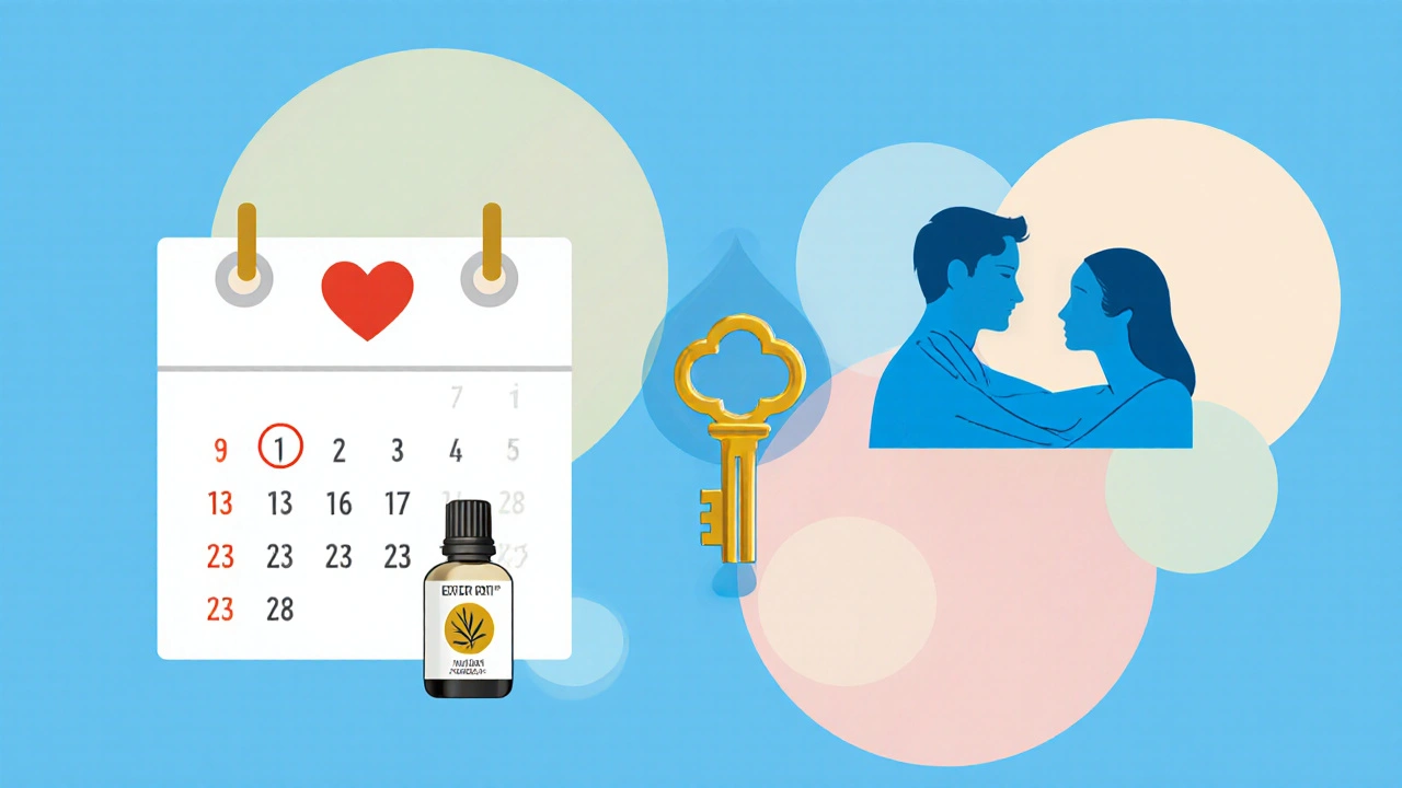Calendrier, clé, huile essentielle et silhouettes illustrant la réservation d’un duo.