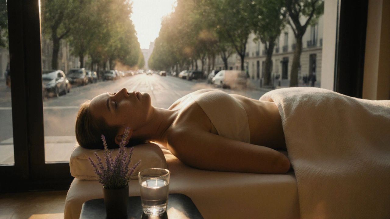 Client détendu après un massage, avec vue sur le parc Monceau depuis le spa.