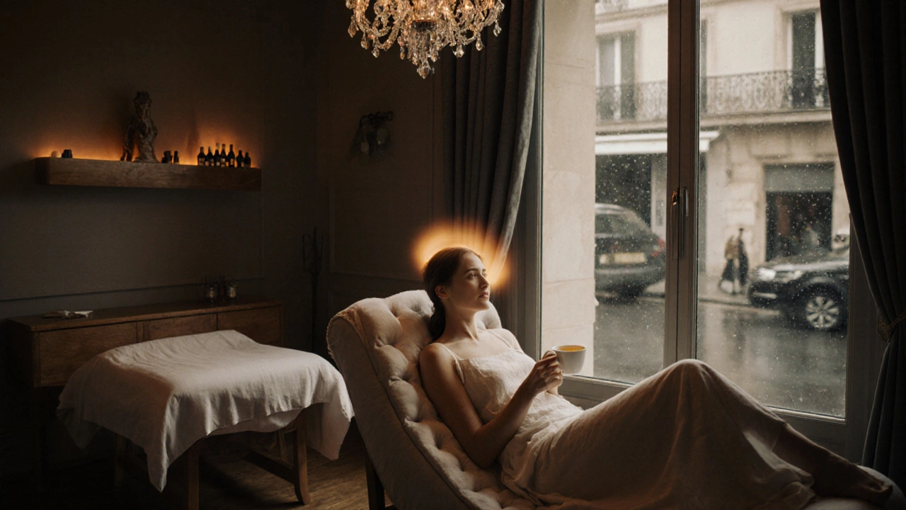 Client détendu, tasse de thé à la main, dans un salon de massage parisien au décor chaleureux.