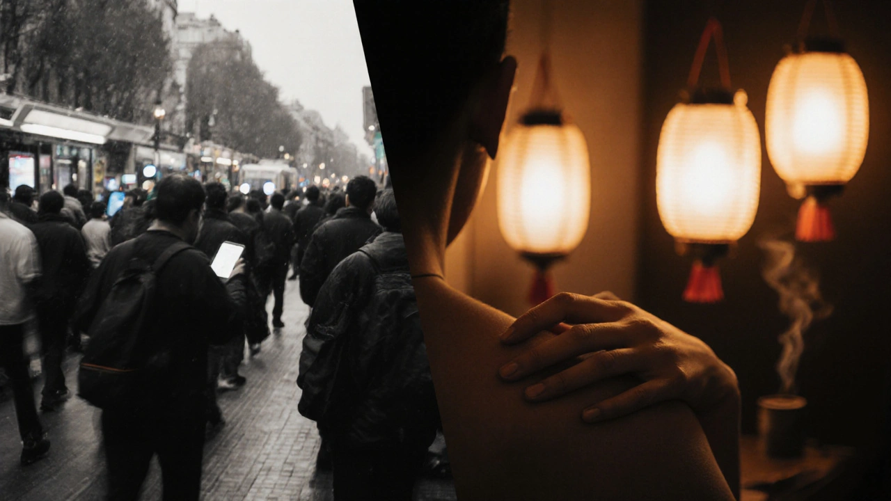 Contraste entre le stress urbain parisien et la sérénité d'un massage asiatique, composition divisée.