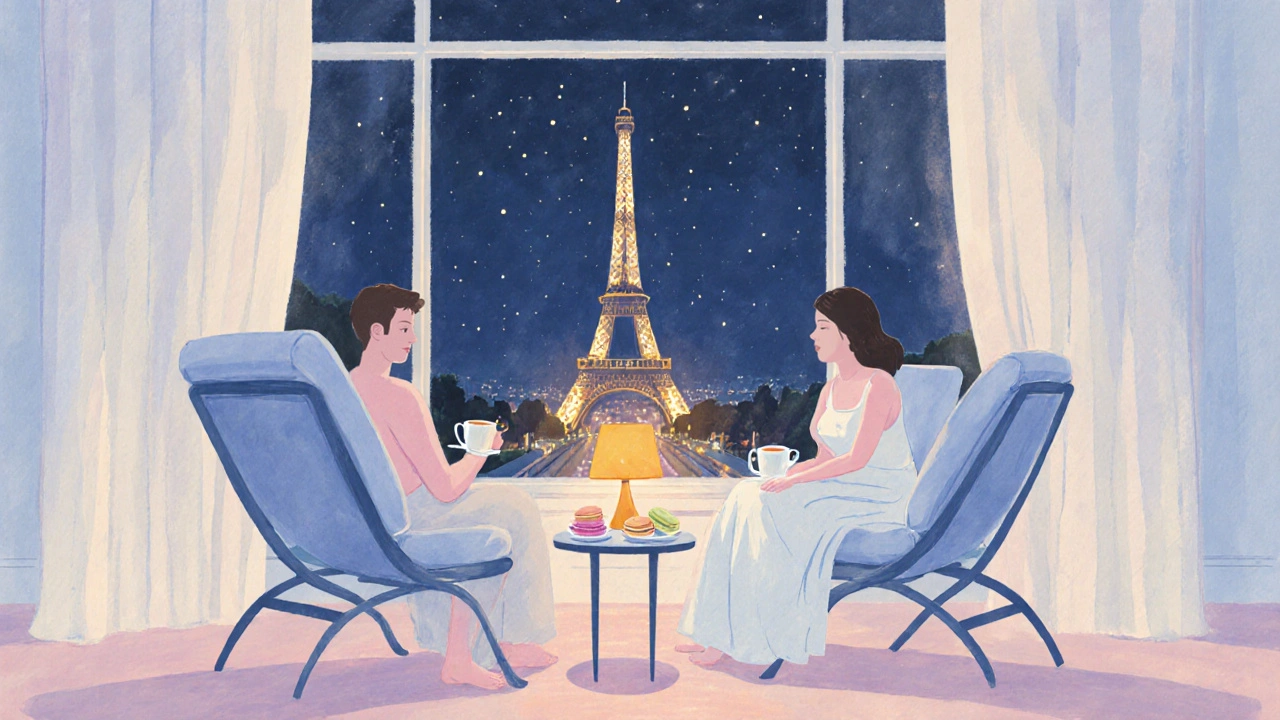 Couple détendu dans un lounge de spa avec vue nocturne sur la Tour Eiffel, thé et macarons.