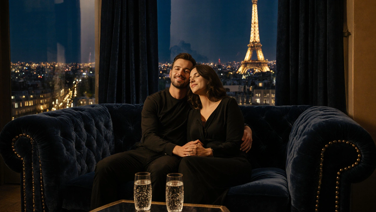 Couple détendu sur un canapé avec vue nocturne de Paris et la Tour Eiffel éclairée.