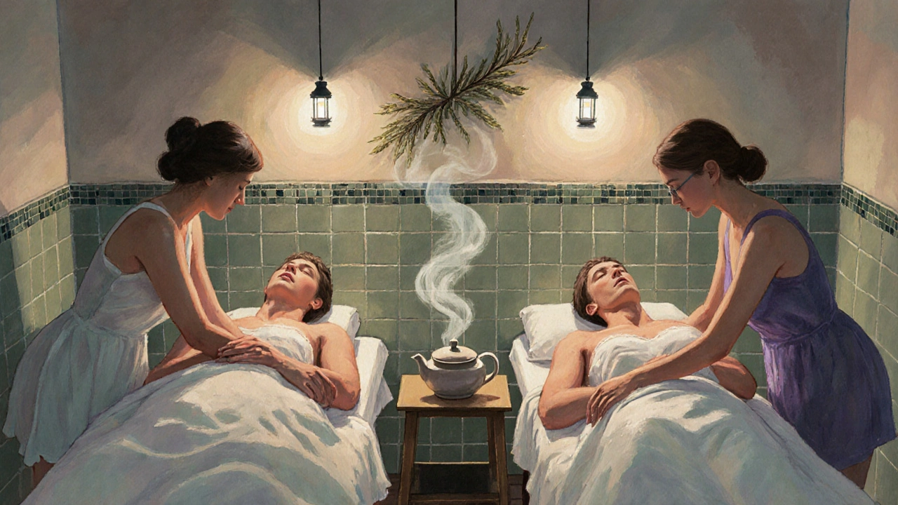 Couple en peignoirs bénéficiant d'un massage côte à côte dans un spa bohème.