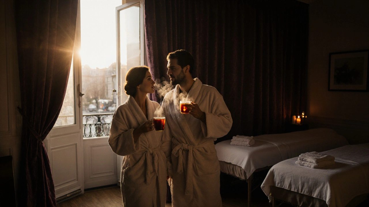 Couple en robe de bain, tenant des tisanes, sortant d’une salle de massage en paix.