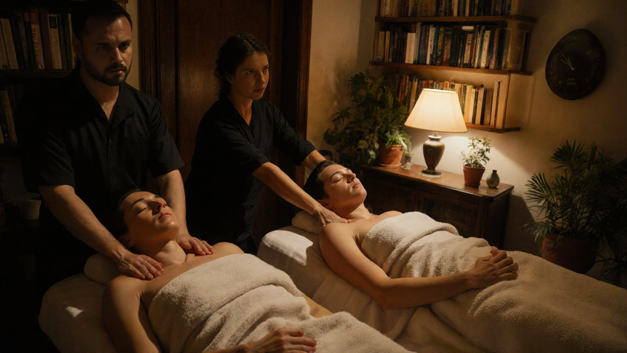 Couple en train de recevoir un massage côte à côte, dans un intérieur chaleureux et paisible.