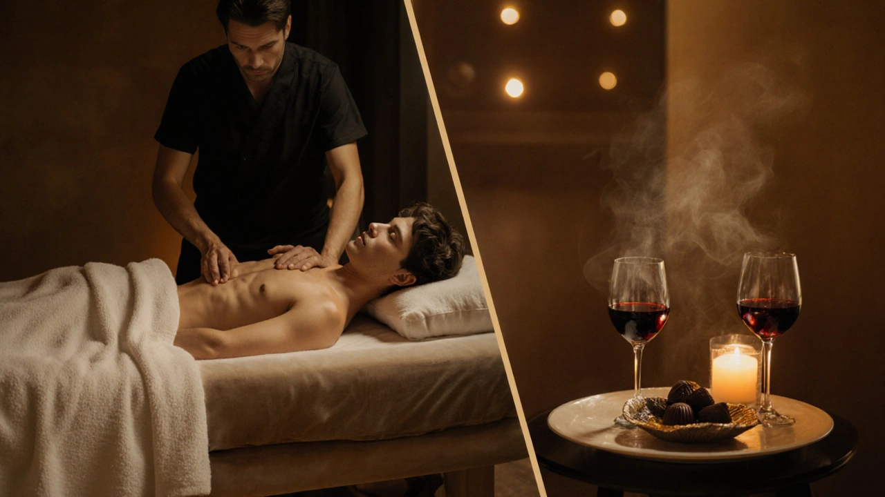 Couple recevant un massage duo, entouré de vin, chocolat et vapeur de hammam dans une salle chic.