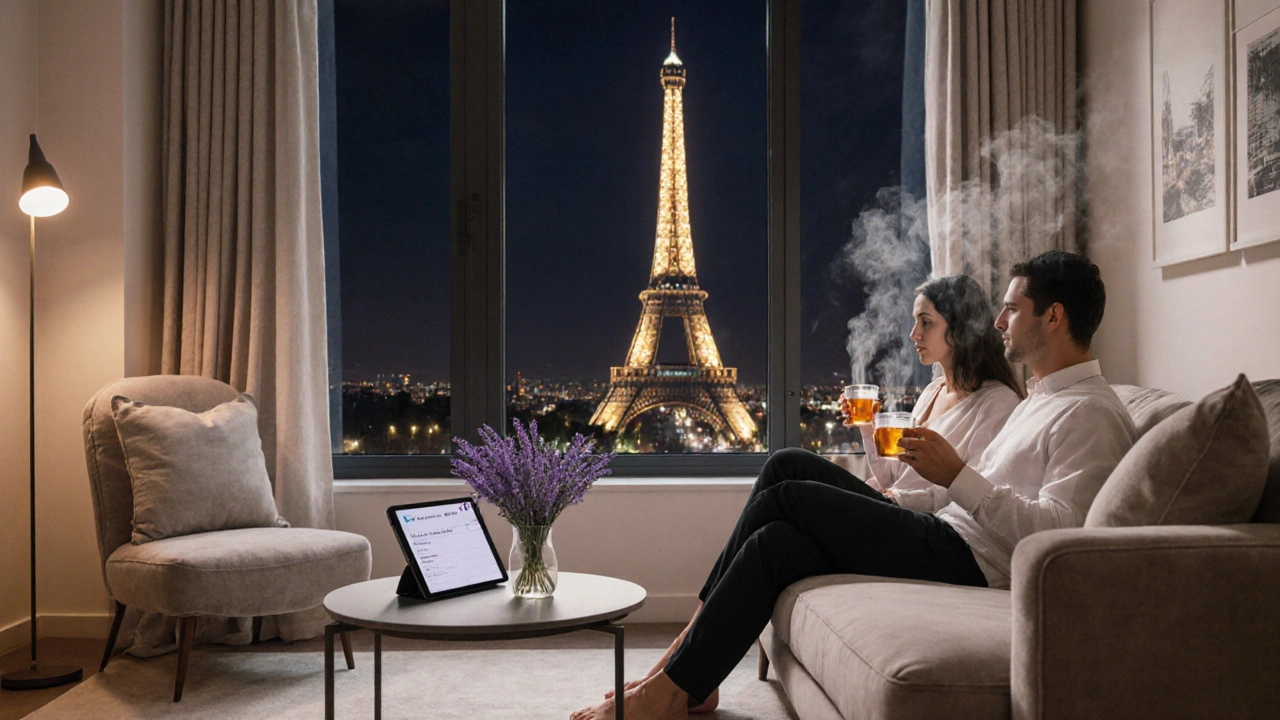 Couple relaxé dans un salon parisien, vue sur la Tour Eiffel illuminée.