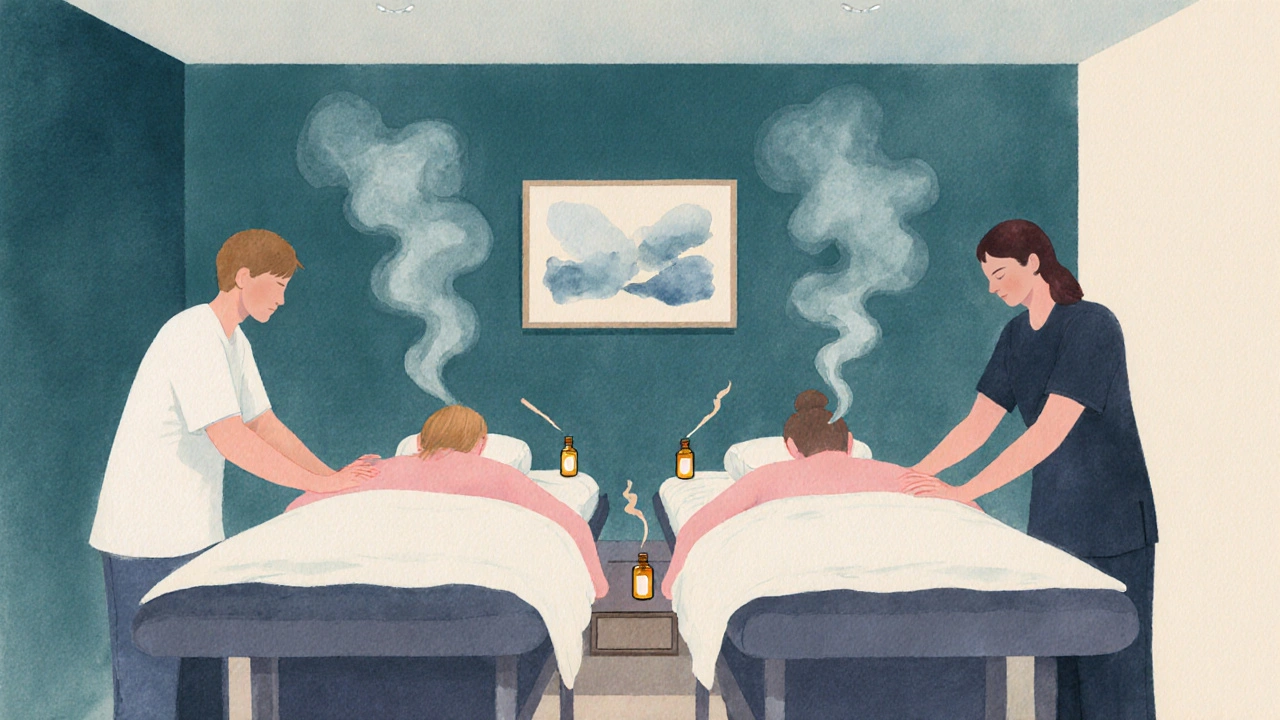 Deux thérapeutes effectuant un massage suédois synchronisé sur un couple allongé côte à côte.