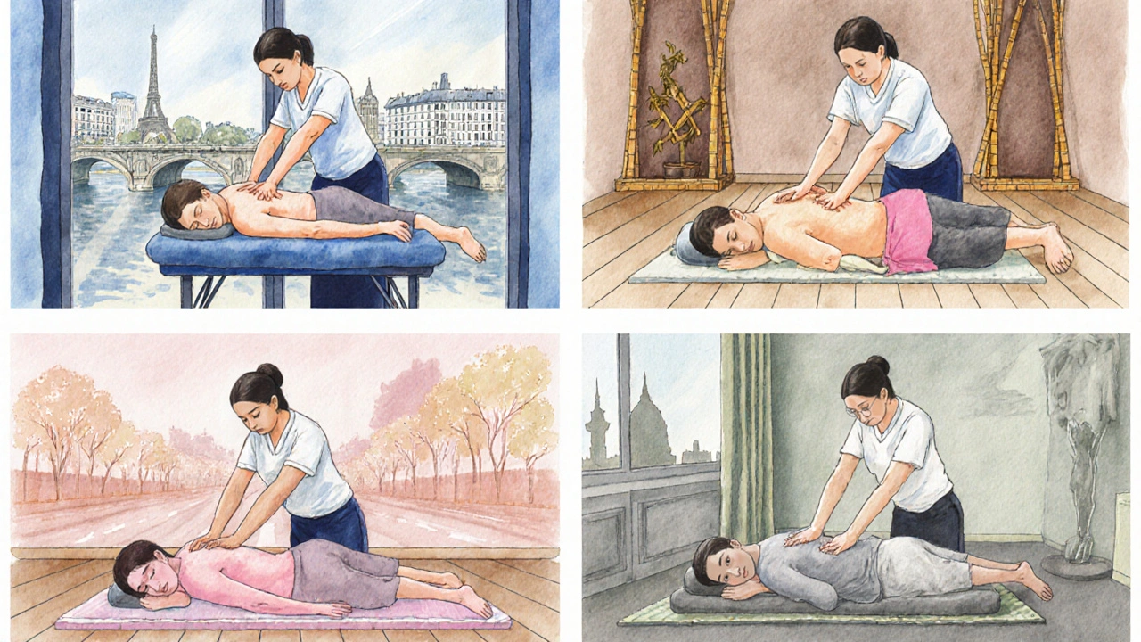 Illustration à l'aquarelle de quatre techniques de massage dans différents quartiers de Paris.
