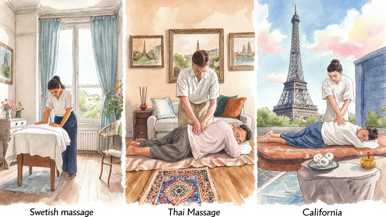 Illustration à l'aquarelle de trois massages (suédois, thaï, californien) dans différents quartiers de Paris.