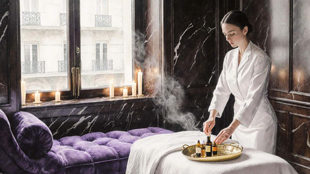Illustration d&#039;une suite de massage luxueuse avec marbre, velours et thérapeute préparant un soin.