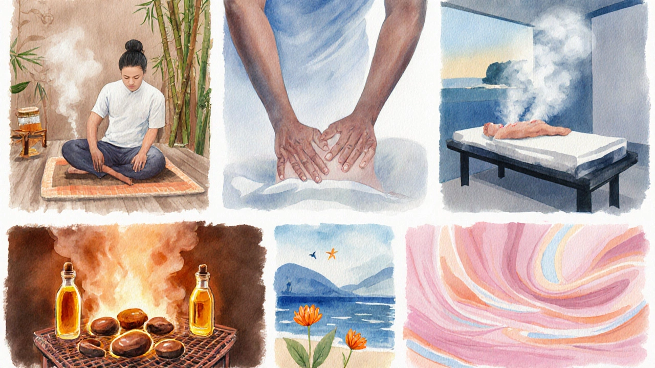 Illustration des cinq types de massage populaires à Paris, chacun avec ses éléments culturels.