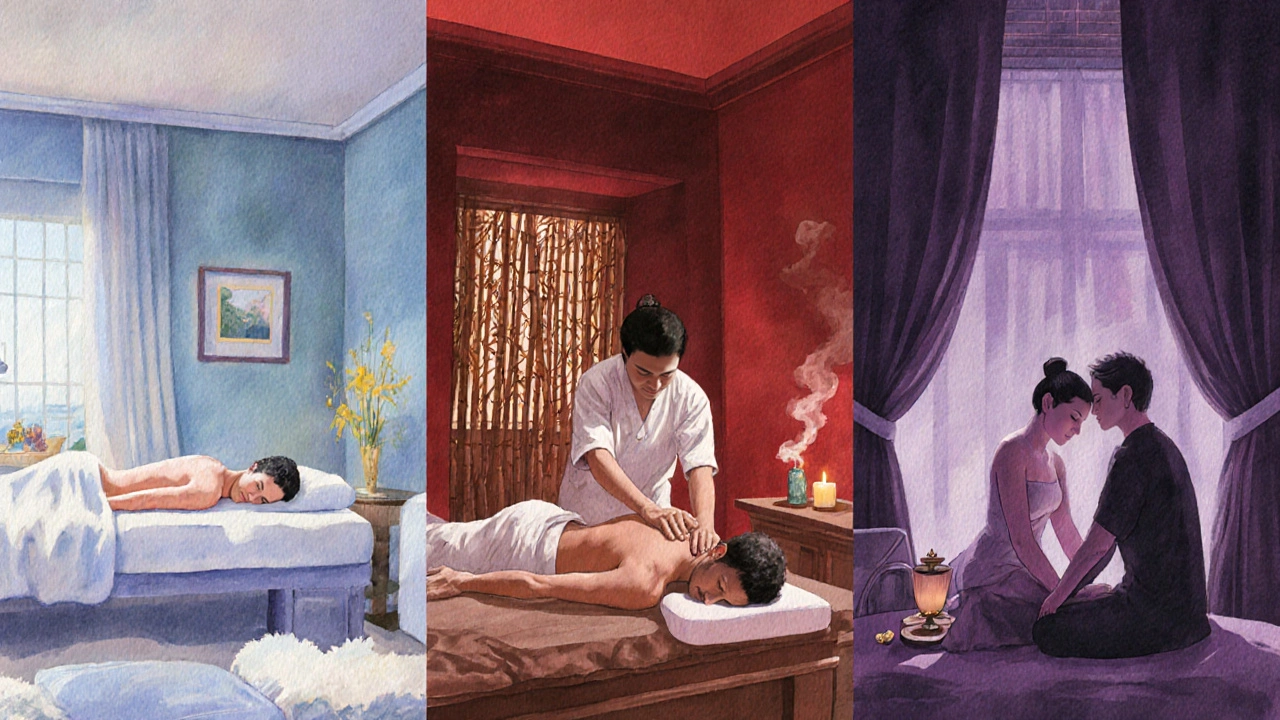 Illustration en trois parties montrant massages relaxant, asiatique et tantrique dans des intérieurs élégants.