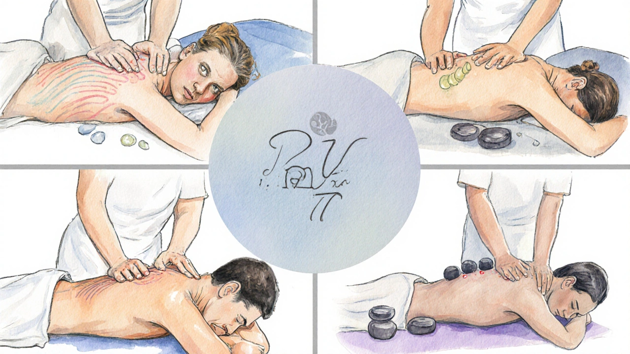 Illustration montrant cinq types de massages dans un salon de bien‑être parisien.