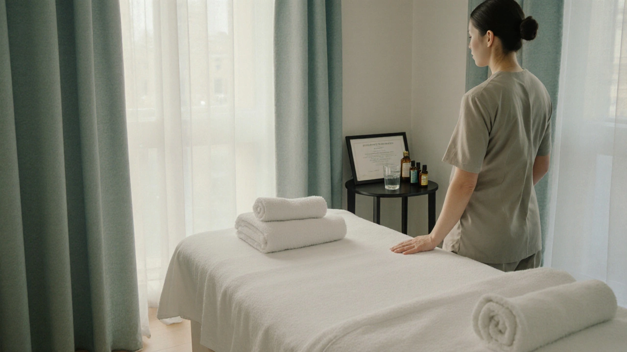 Intérieur d'un cabinet de massage élégant avec table blanche, serviettes et huiles essentielles.