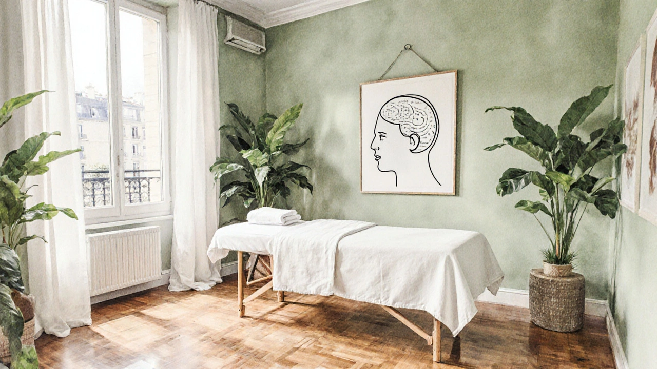 Intérieur d'un centre de bien‑être parisien, décor zen avec table de massage et illustration des points crâniens.