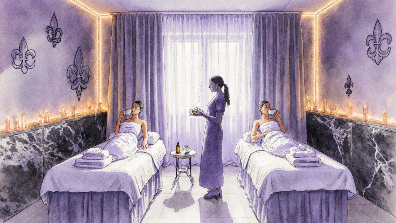 Intérieur d&#039;un spa parisien avec tables de massage côte à côte, couple détendu.