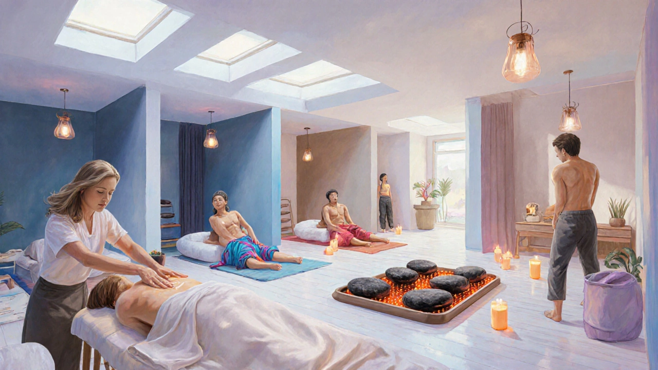 Intérieur d&#039;un studio montrant six types de massage différents dans des zones distinctes.