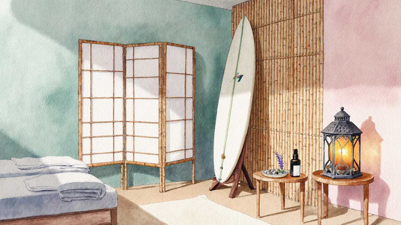 Intérieur d’un salon de massage aux décors inspirés du Japon, d’Hawaï et du Maroc.