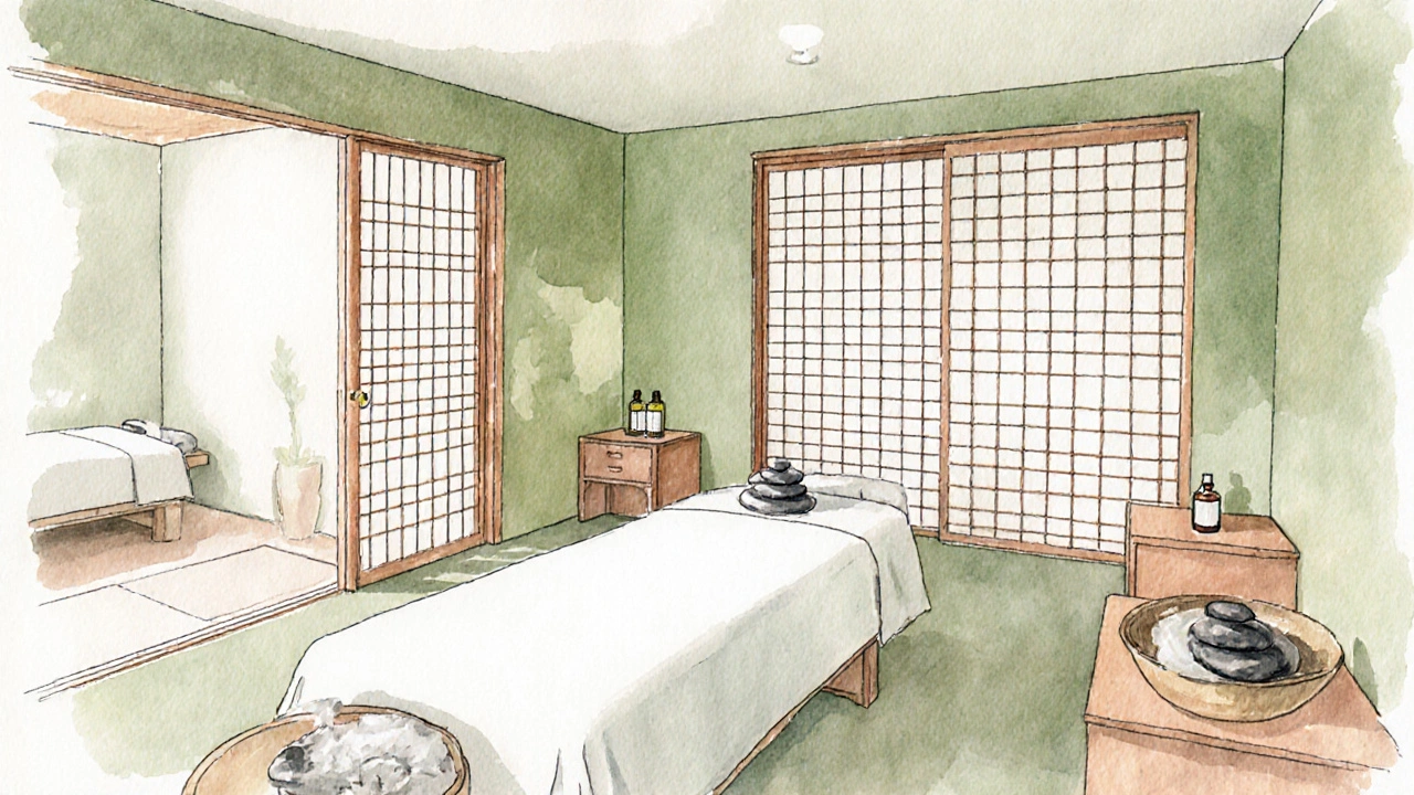 Intérieur zen d'un spa mêlant décor asiatique et moderne, avec pierres chaudes et huiles essentielles.
