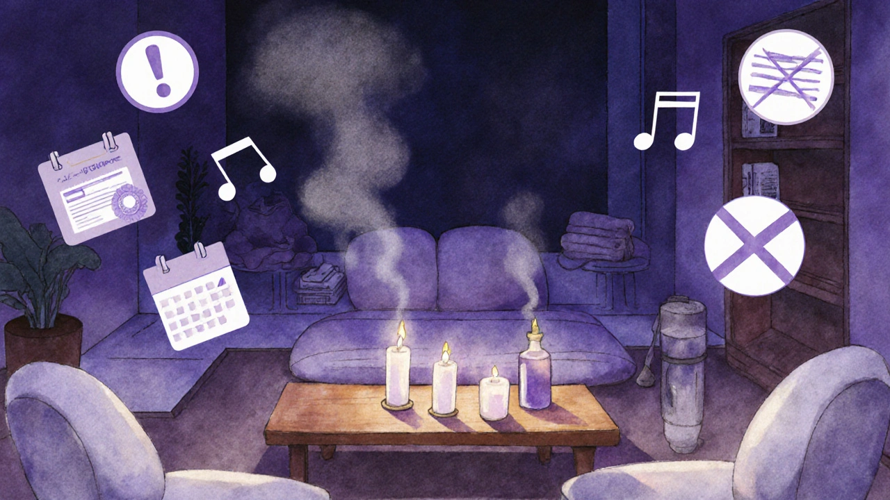 Lounge de spa calme avec bougies, diffuseur et icônes d’erreurs communes.