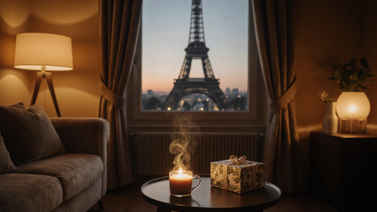 Lounge élégant après le massage avec thé, cadeau et vue floue de la tour Eiffel.