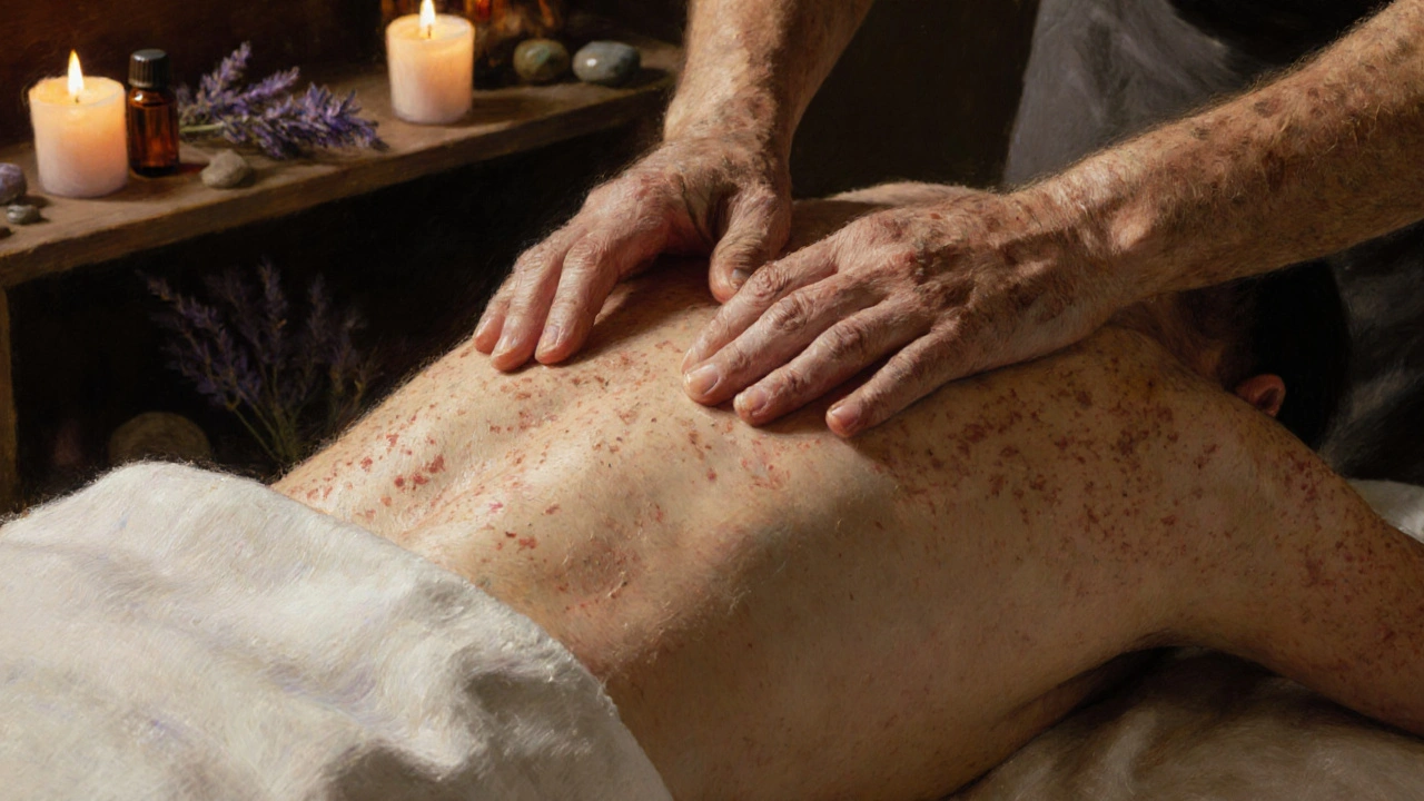 Mains d'un praticien massant doucement le dos d'une personne sous un drap, éclairées par une lumière chaleureuse.