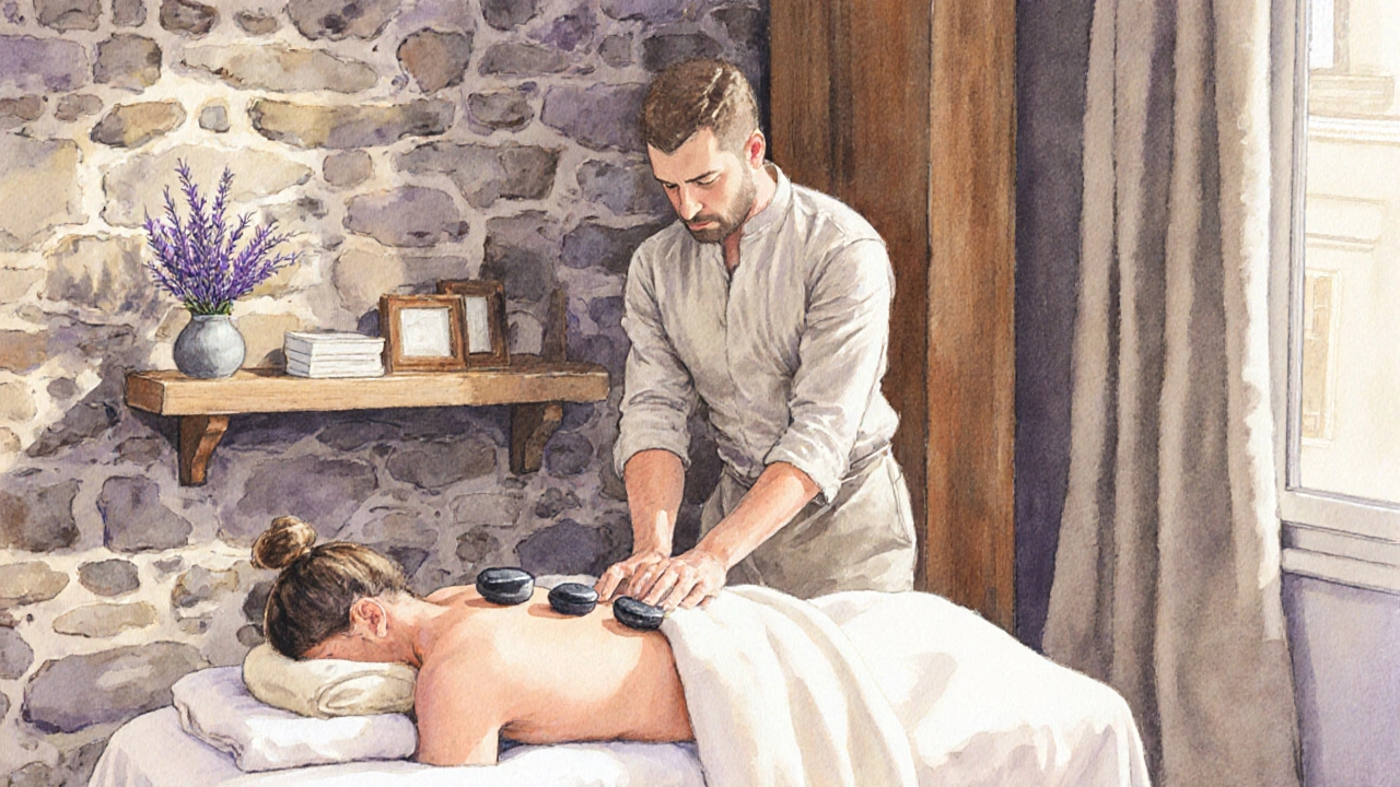 Masseur effectuant un massage détente dans un salon parisien calme, pierres chaudes et drap chaud.