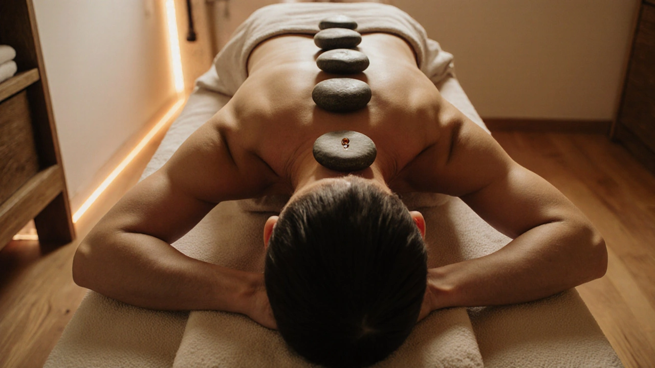 Personne recevant un massage aux pierres chaudes, des pierres volcaniques sur le dos.