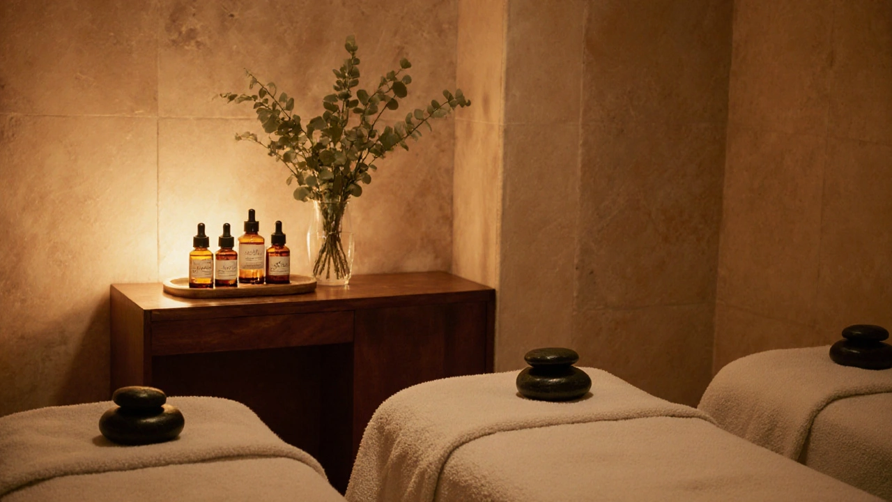 Pierres chaudes sur le dos d’un couple en massage, huiles bio et lumière dorée dans un spa parisien.