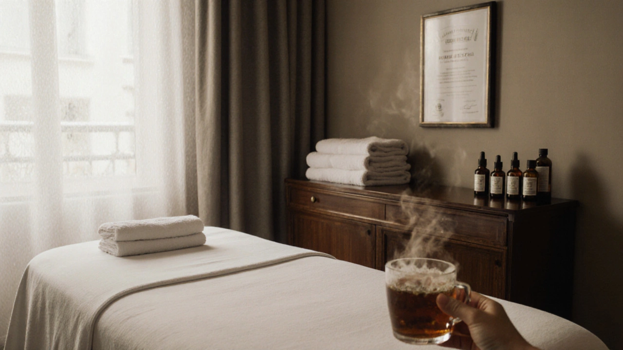 Plan rapproché d'une salle de massage prête, avec table, serviettes, huiles essentielles et une tasse de thé.