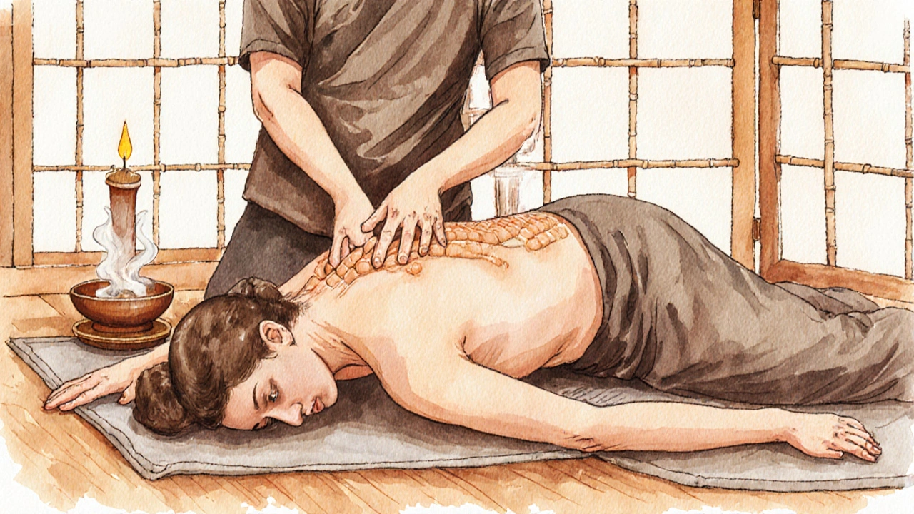 Praticien effectuant un massage thaï traditionnel sur un client habillé, sur un matelas au sol, ambiance chaleureuse.