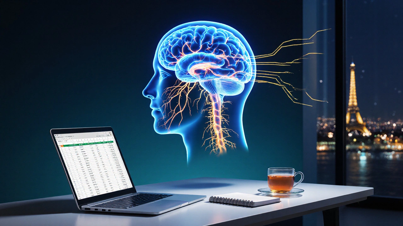 Professionnel concentré devant son ordinateur, tête transparente montrant le cerveau illuminé après massage crânien.