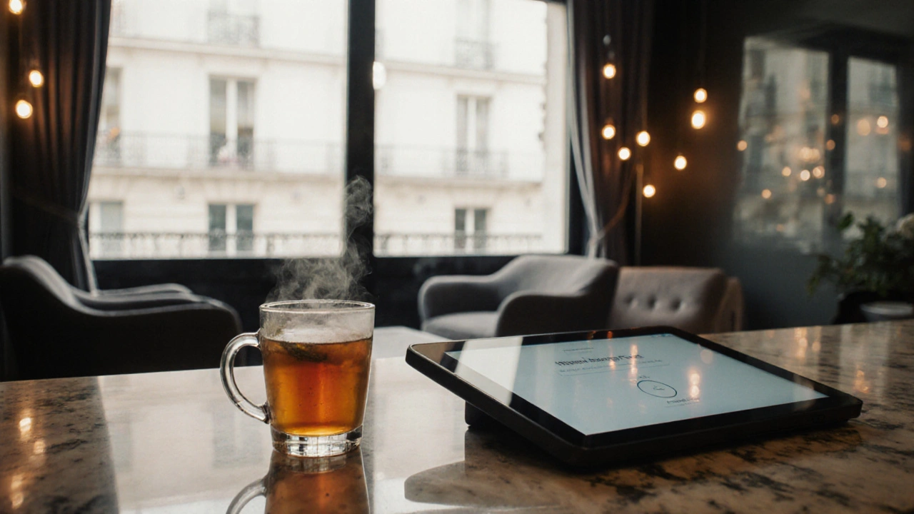 Réception élégante d’un salon parisien avec table de réservation et ambiance apaisante.