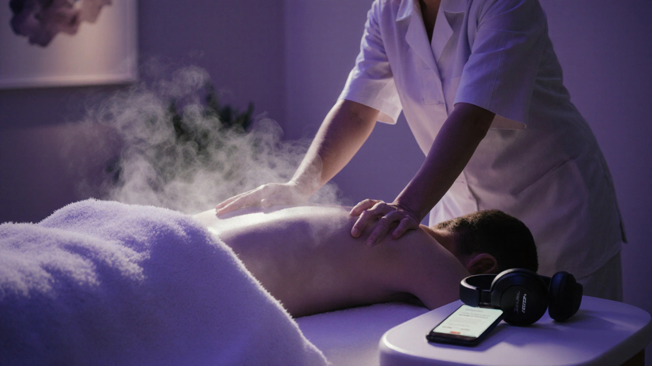 Salle de massage calme avec lumière lavande, table ergonomique et thérapeute préparant le soin.