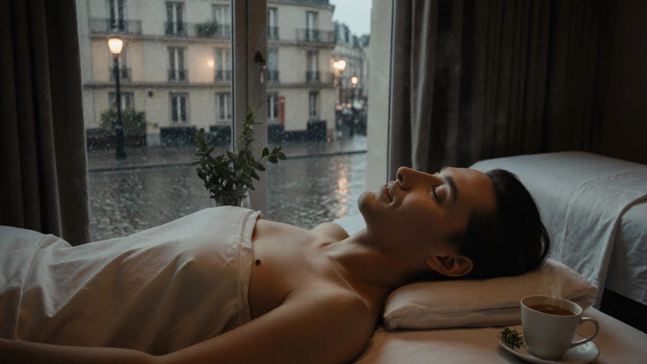 Scène cinématographique d'un client détendu après un massage, avec thé aux herbes et vue pluvieuse sur Paris.