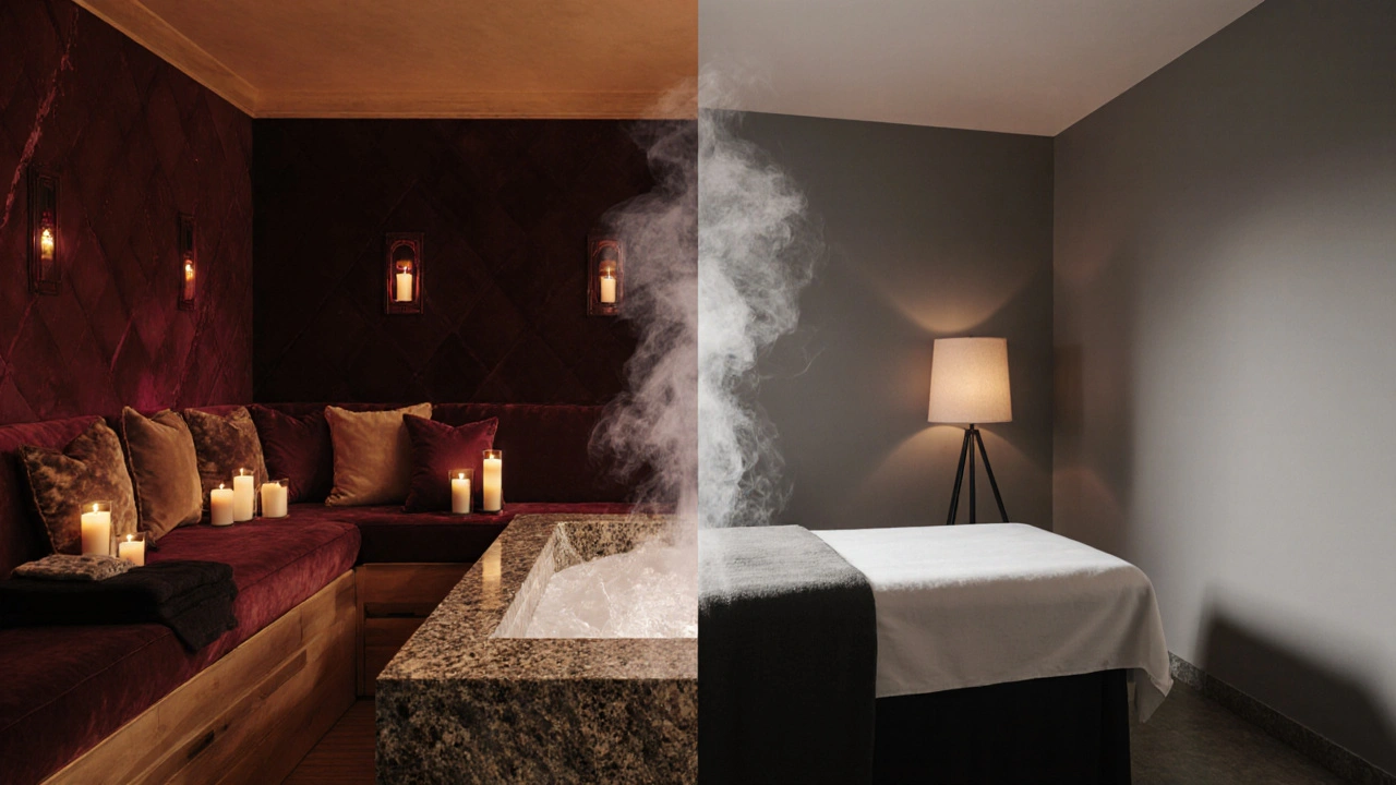 Scène divisée montrant d&#039;un côté un spa luxueux avec sauna et bain à remous, de l&#039;autre un cabinet de massage traditionnel.