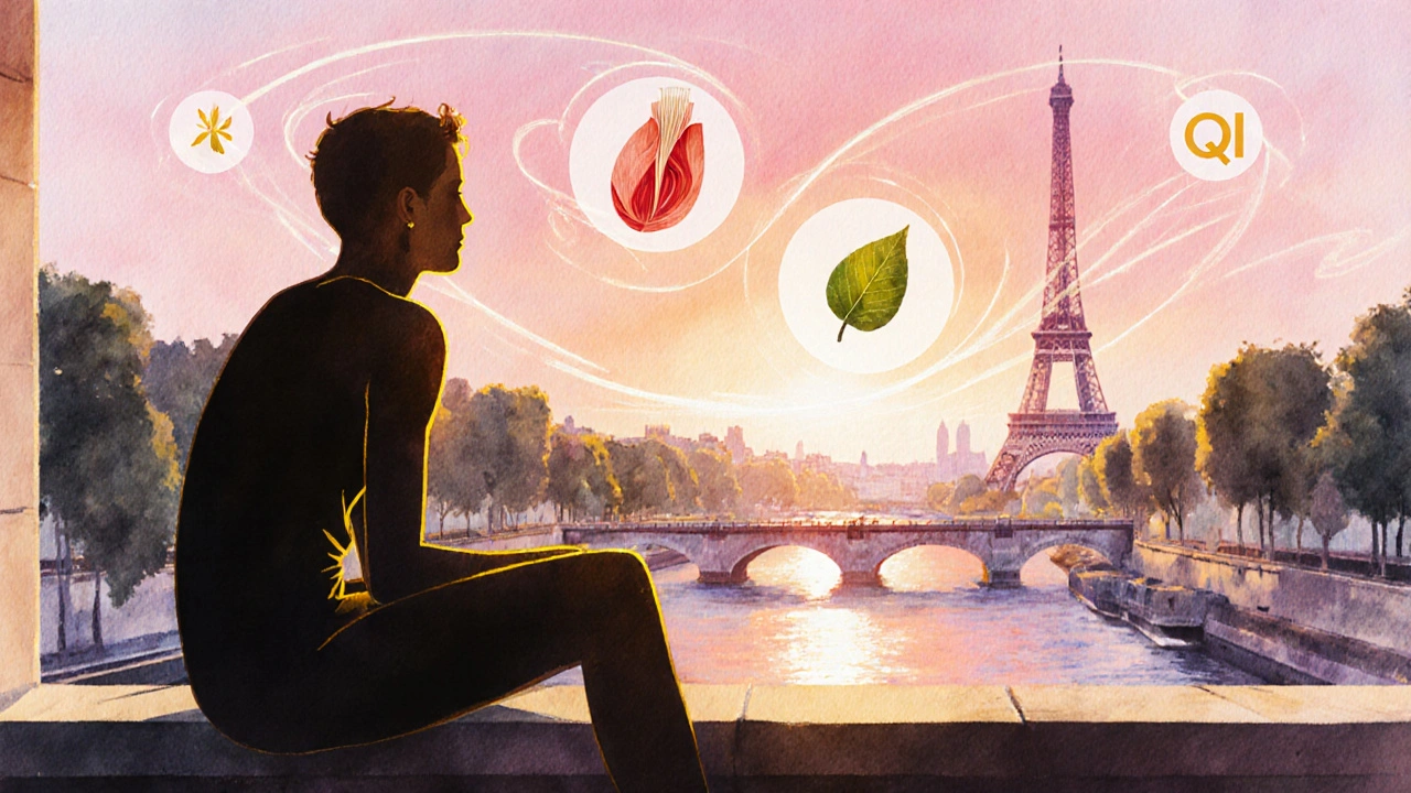 Silhouette détendue sur un balcon parisien au coucher du soleil, entourée d'auras de bien‑être.