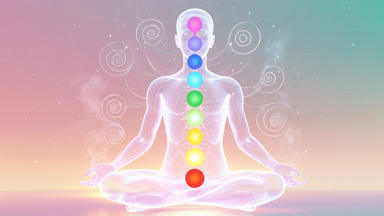 Silhouette en lotus avec chakras lumineux et flux d’énergie entourant le corps.