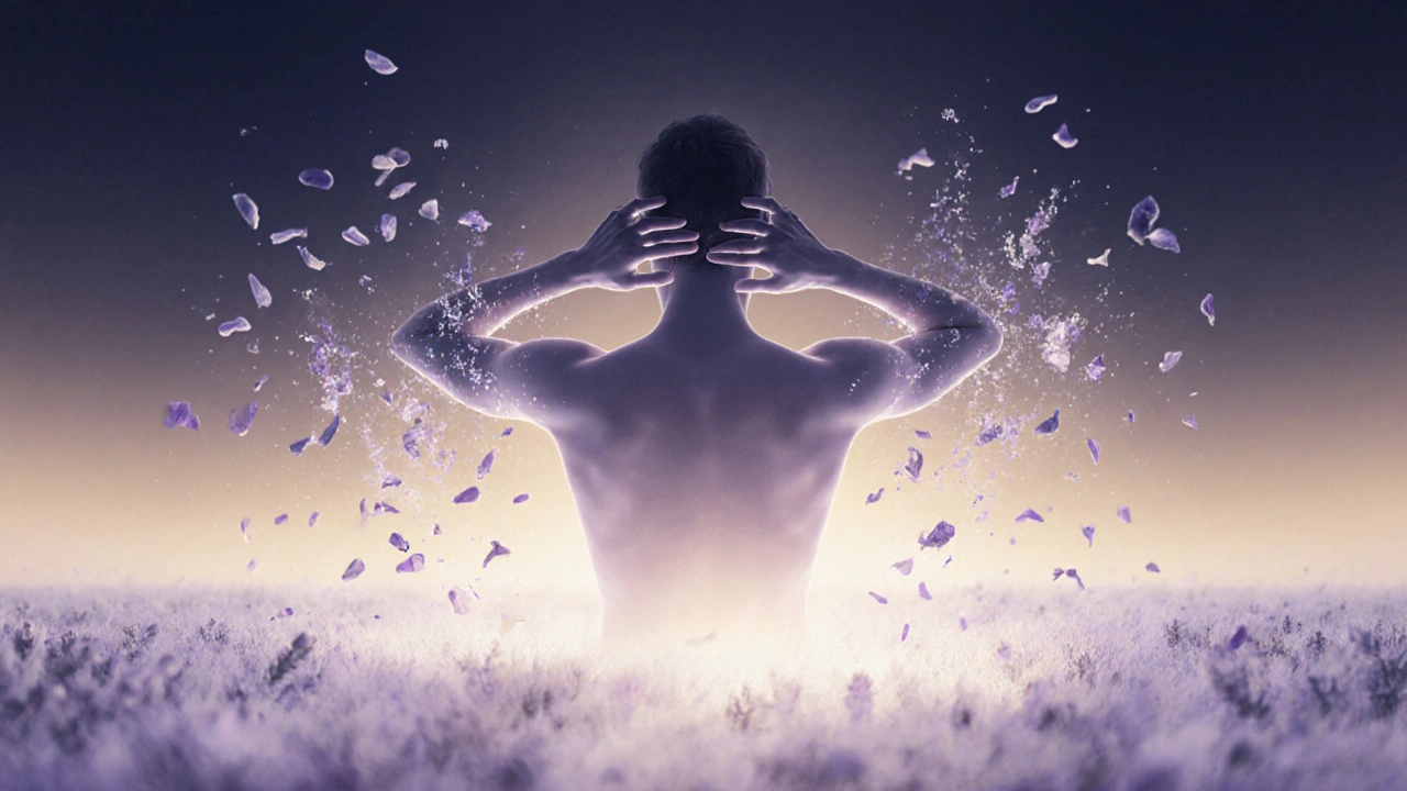 Silhouette flottant dans une lumière chaude, symbole de libération du stress et des pétales de lavande.