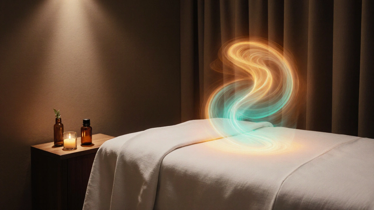 Table de massage éclairée d’aura vivifiante, huile de menthe et lumière douce.
