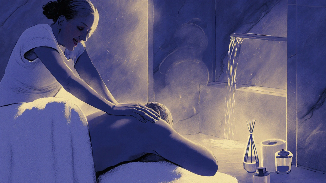 Thérapeute effectuant un massage suédois dans une salle de spa tamisée, vapeur d&#039;hammam et huiles essentielles.