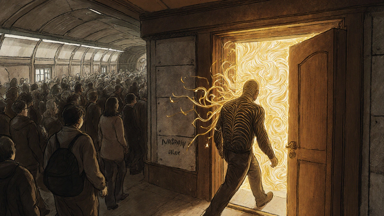 Transition symbolique entre le métro bondé et un refuge de bien-être, en jeu de lumière et de tensions.