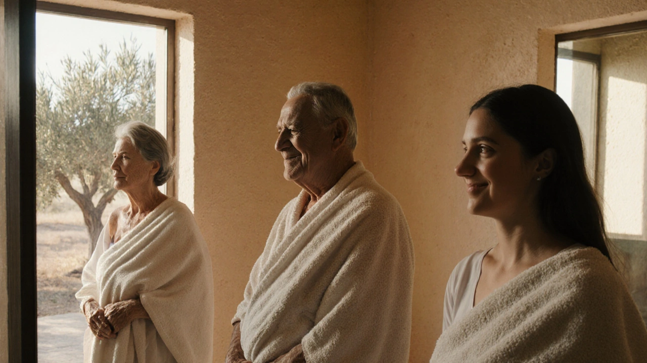 Trois personnes silencieuses dans des chambres séparées, enveloppées dans des serviettes, baignées de lumière naturelle.