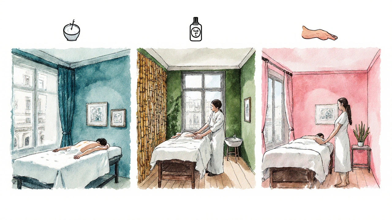 Trois salles de massage montrant différents styles : relaxant, asiatique, couple.