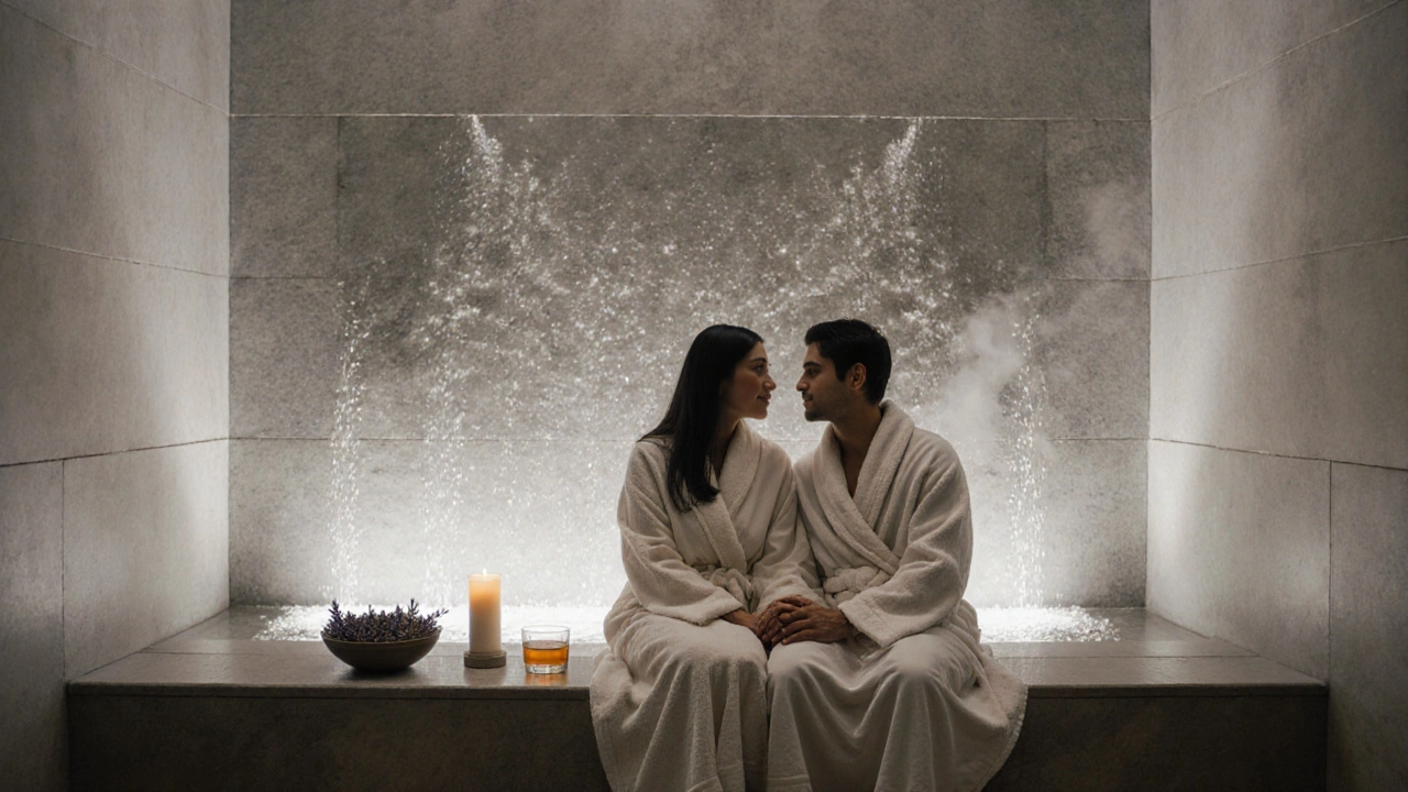 Un couple après un massage, assis près d’un bain de pierres chaudes, enveloppé dans des peignoirs de soie à Paris.