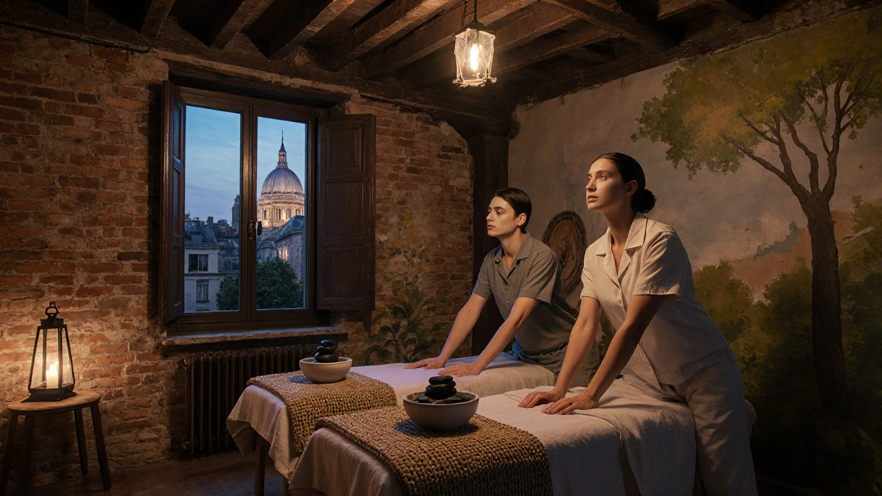 Un studio artistique à Montmartre avec un massage thaï en couple, lumière tamisée et murs peints.