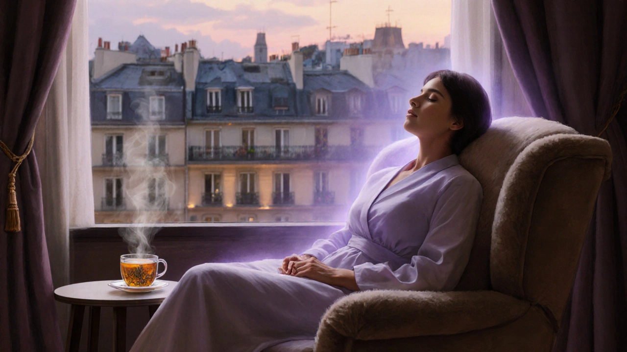 Visiteur détendu, tasse de tisane, vue sur les toits de Paris, expression sereine après le soin.