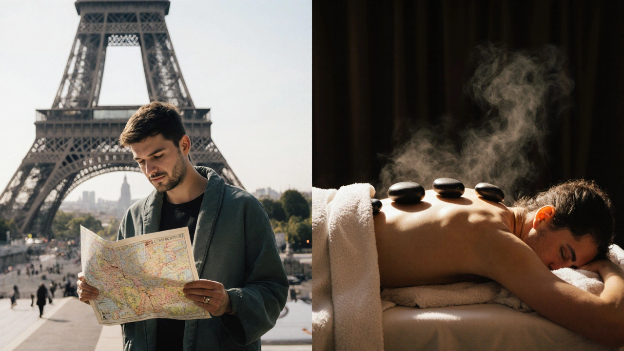 Avant et après un massage : un touriste fatigué devant la Tour Eiffel, puis apaisé sur une table de massage.